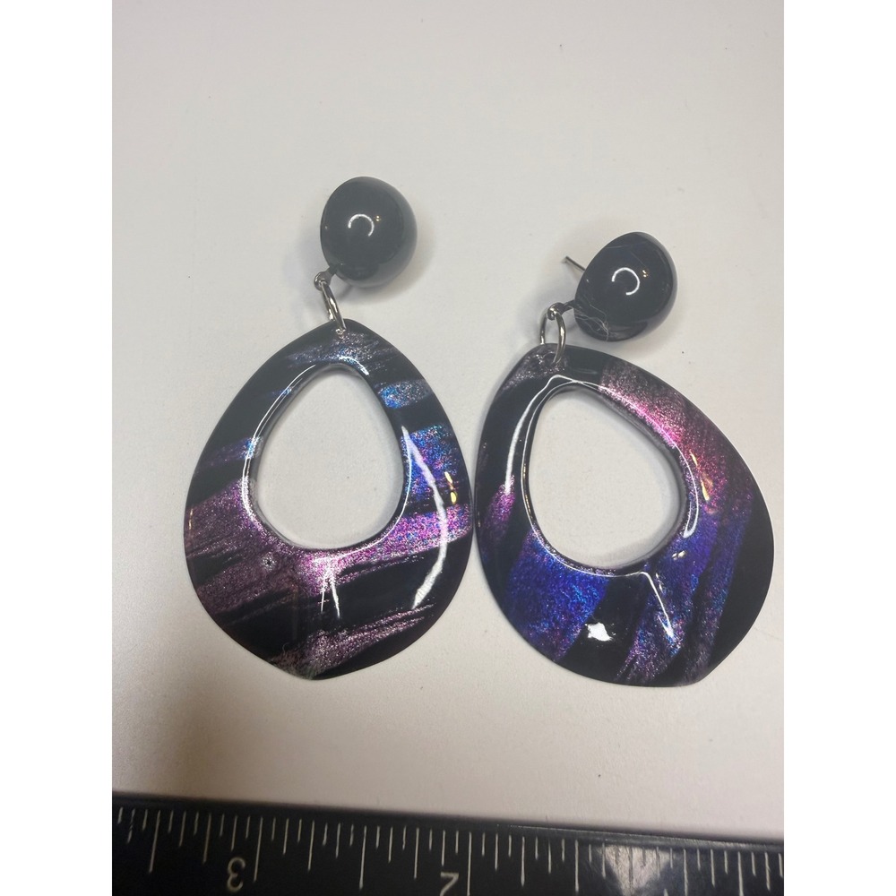 Iridescent‎ Galaxy Resin Teardrop Drop Earrings Black Purple Blue Statement